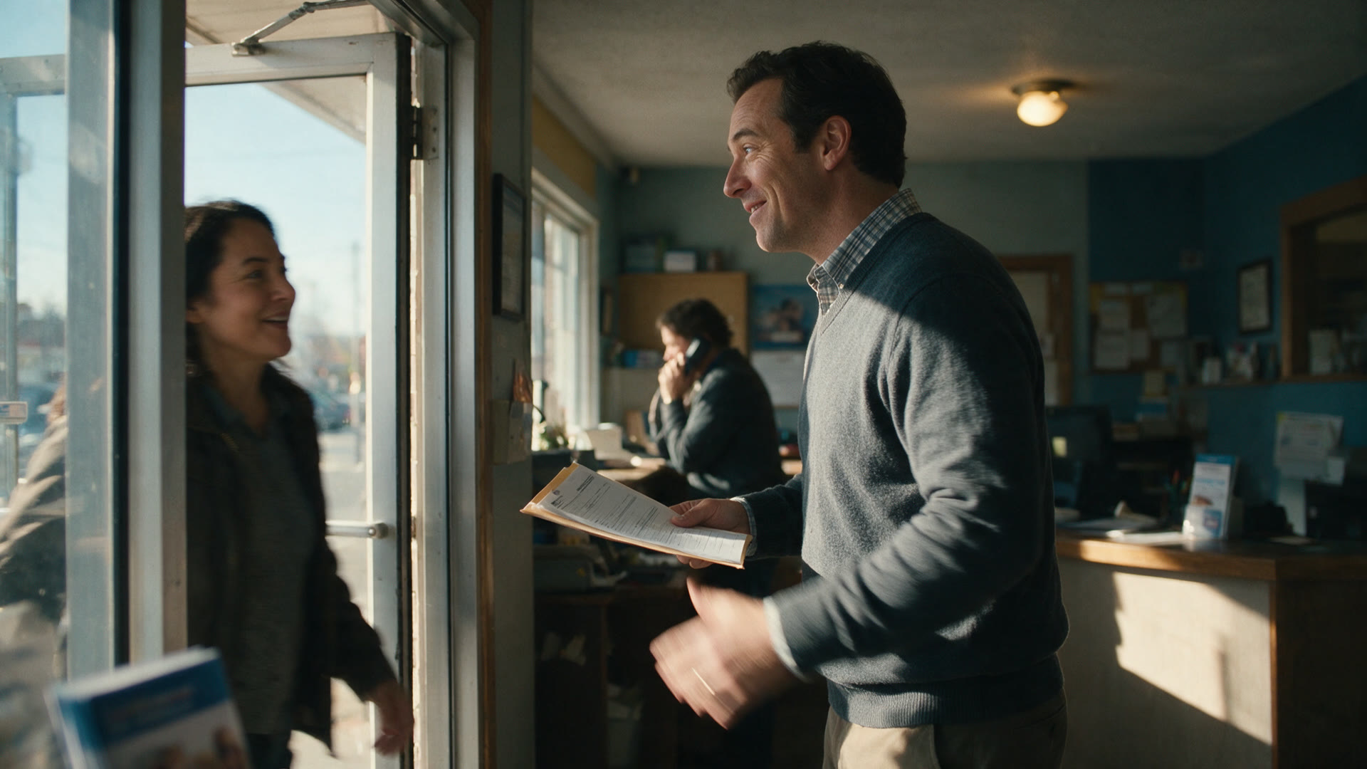 A person holds an open folder while greeting someone arriving at an office doorway